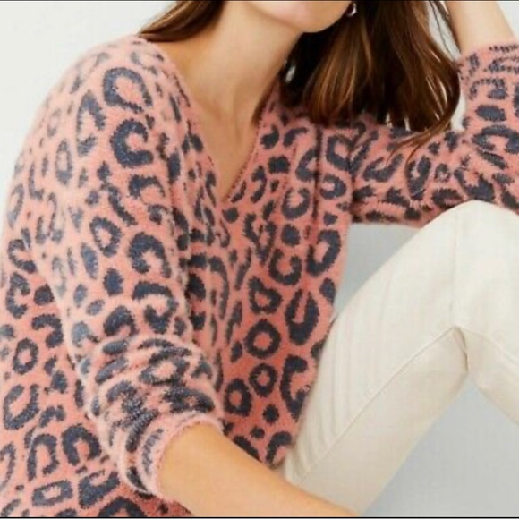 Ann Taylor leopard print so soft peach grey sweater S - Picture 2 of 8